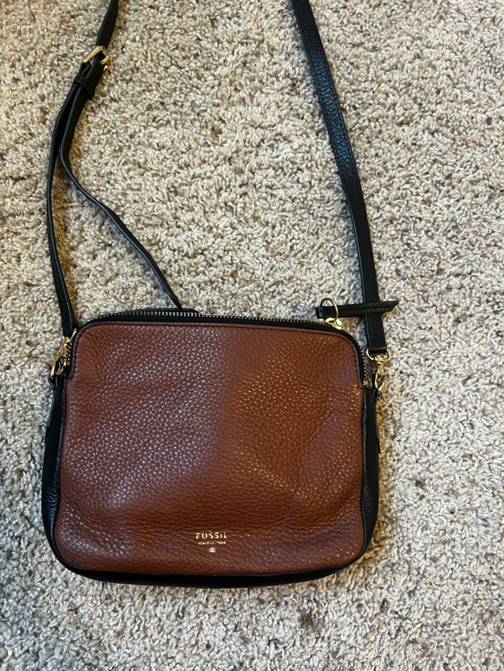 Fossil Brown and Black Pebbled Leather Crossbody Bag